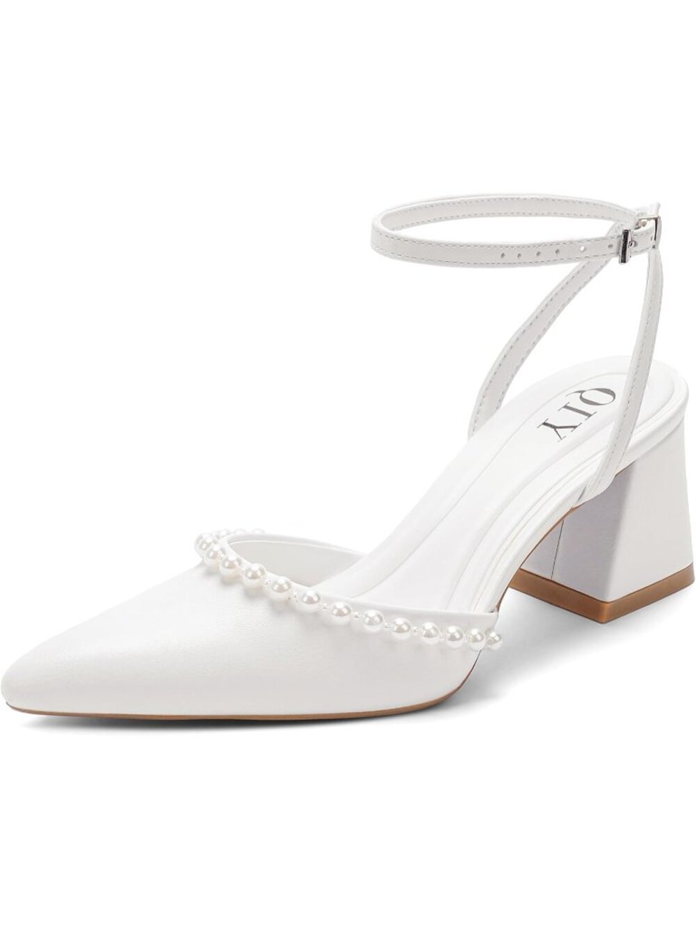 🆕Women's White Pearl Pointed Toe Block Heels Chunky Ankle Strap Wedding Pumps